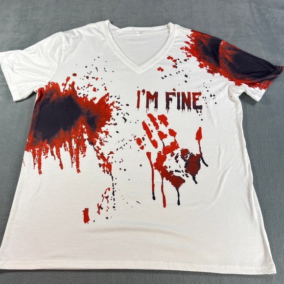 Other - Im Fine Blood Splatter Graphic T-Shirt XL White V-Neck Halloween Horror Costume